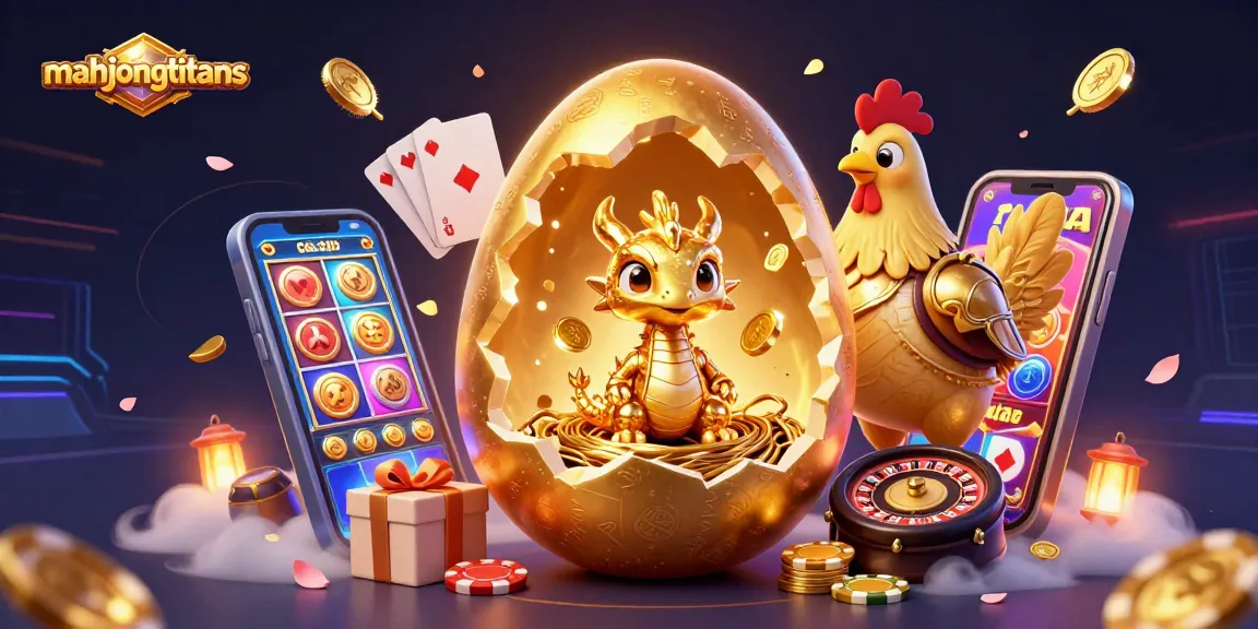 Engage with mahjongtitans in this fantastical illustration featuring a golden dragon and poker elements.