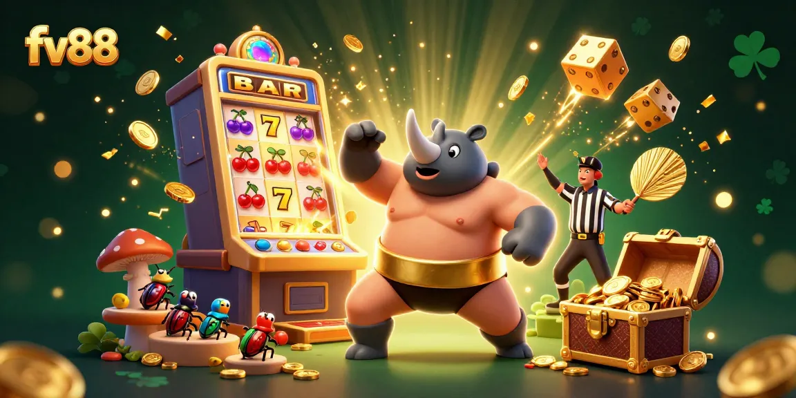 Experience the excitement at FV88 with a vibrant scene of a sumo beetle champion, jackpot slots, and golden coins flying.
