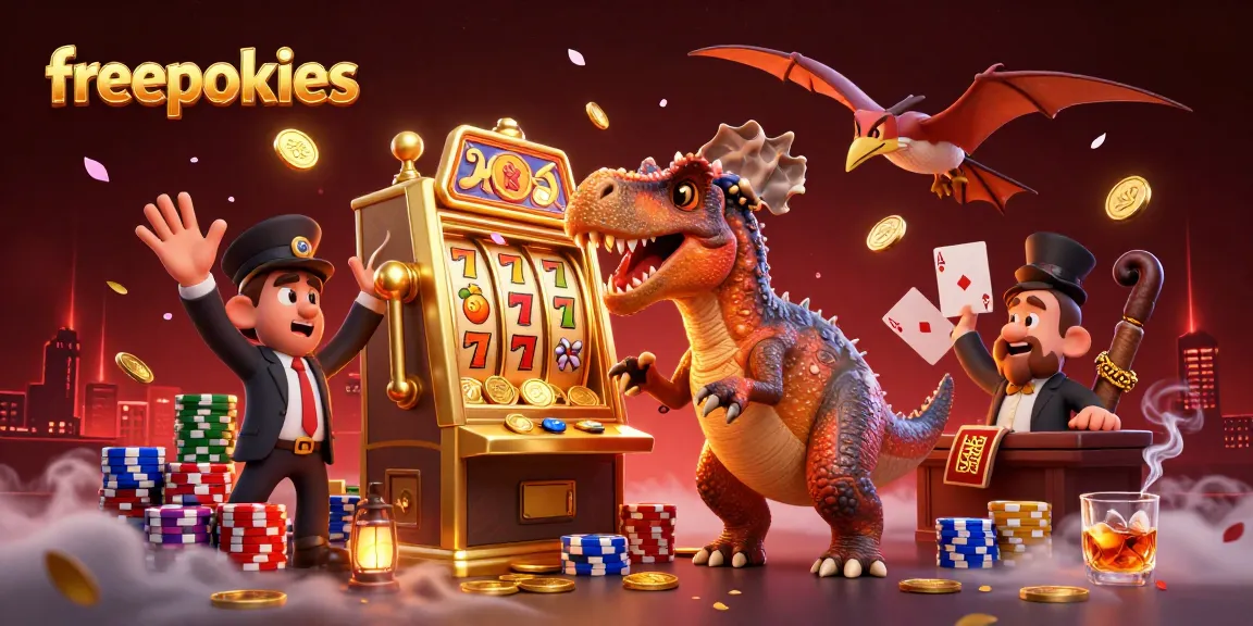 Experience freepokies fun as dinosaurs create jackpots amidst vibrant casino chaos.