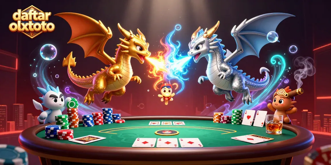 Daftar olxtoto melalui permainan poker yang menarik dengan naga bertarung di latar belakang.