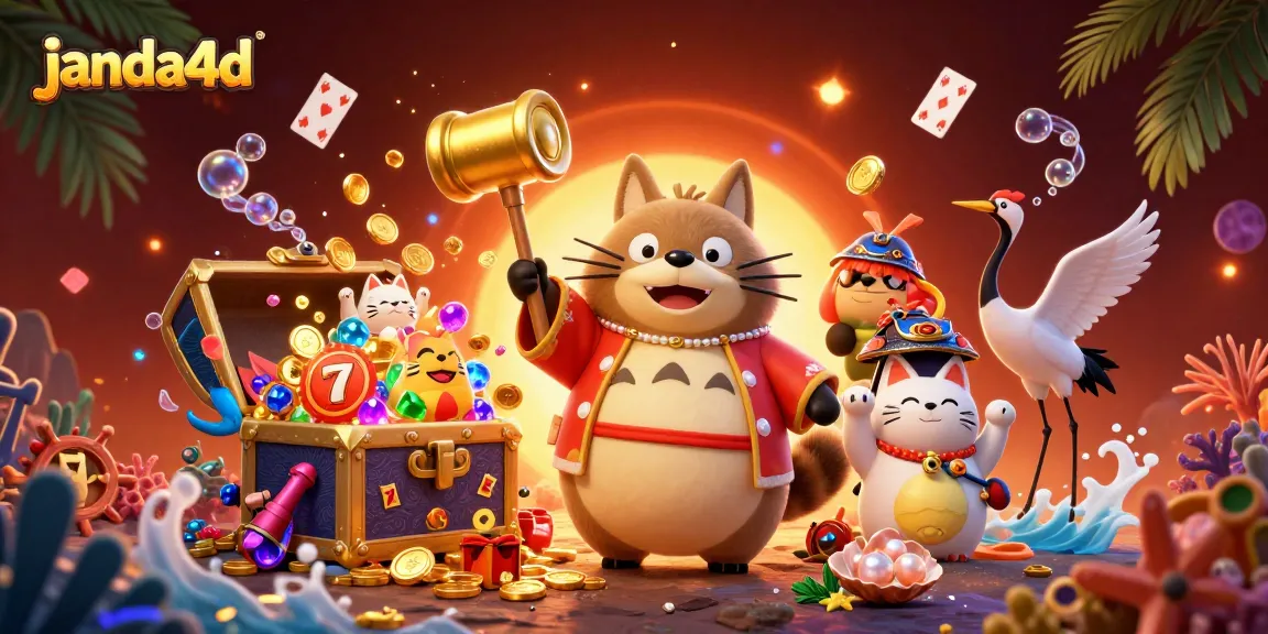 janda4d menghadirkan keseruan dengan slot dan simbol keberuntungan dalam ilustrasi kasino 3D yang penuh warna.