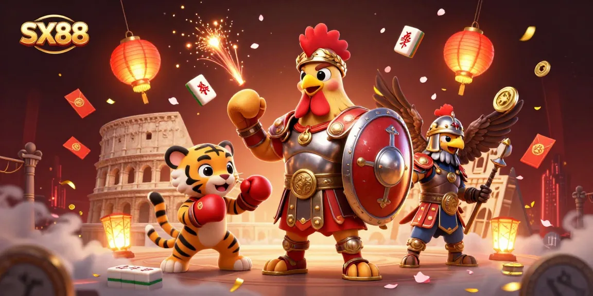 SX88 promotes thrilling casino gameplay with cartoon gladiators and festive elements