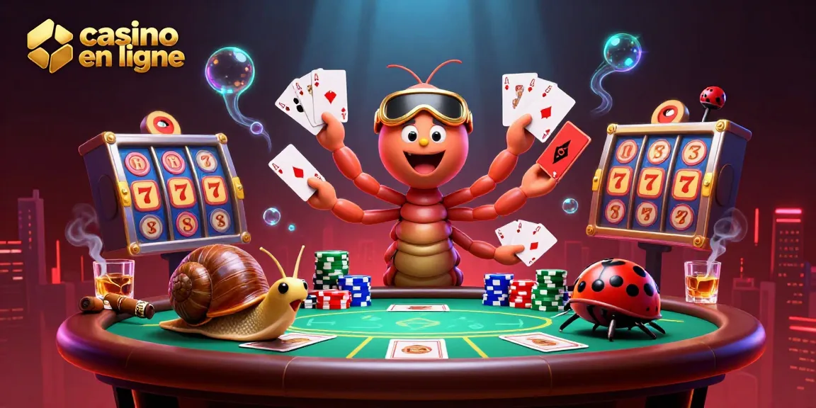 Casino en ligne : Profitez d'une excitante illustration 3D de personnages de casino en pleine action avec cartes et jetons.