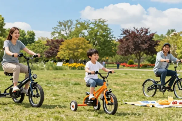 Family riding tricycles in the park, showcasing adult and kids' tricycles, emphasizing family fun and outdoor activities.