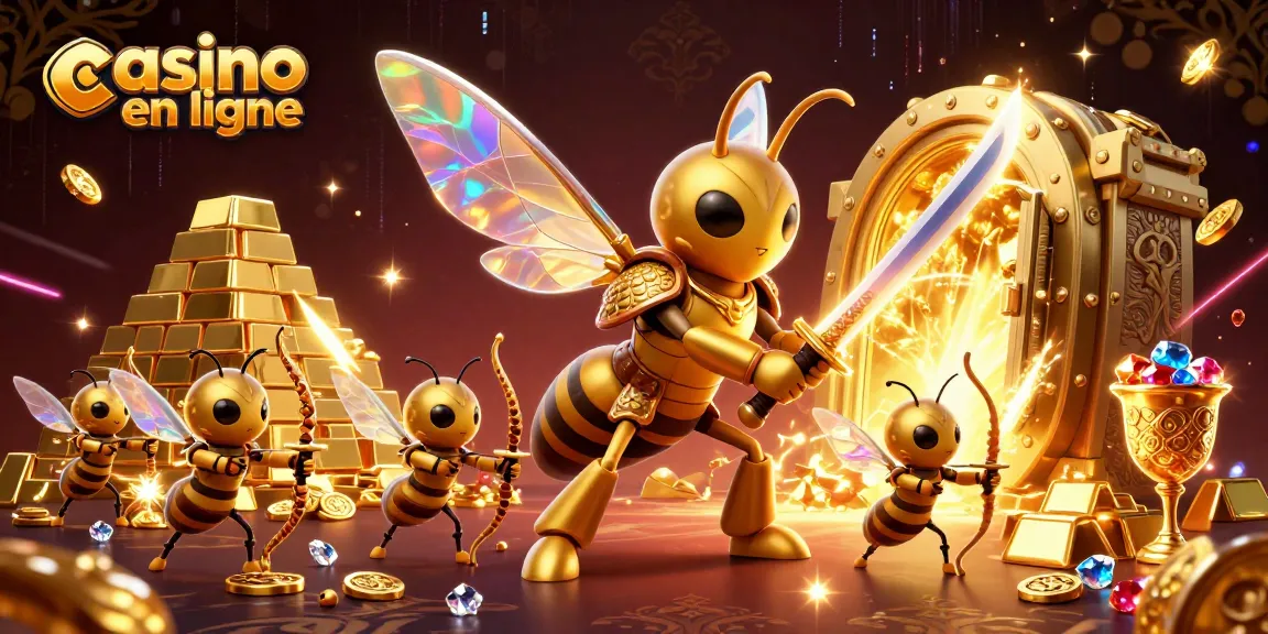 Plongez dans l'univers du casino en ligne avec un hornet en armure samouraï entouré de trésors scintillants.