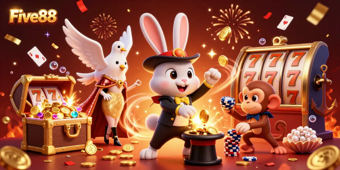 Engage with Five88's vibrant casino scene featuring a magician, dove, and monkey in action.