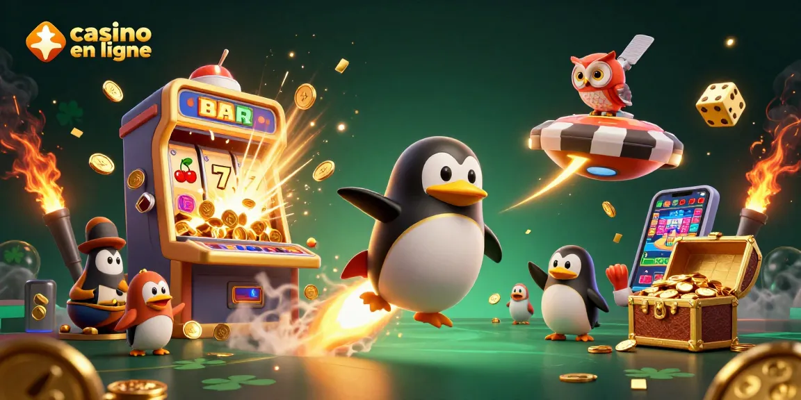 Casino en ligne : illustration 3D d'un pingouin doré pilotant une fusée au-dessus d'une machine à sous.