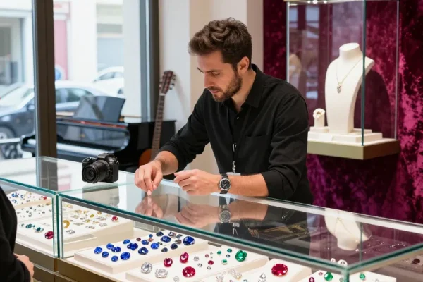 Discover quality gemstones at https://www.mygemspot.com in a luxurious jewelry store, featuring a diverse selection and engaging salespeople.