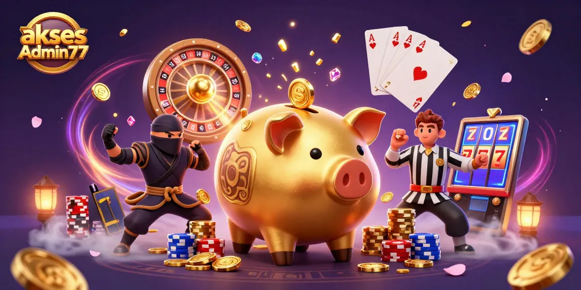 Engage with the exciting features of akses Admin77, showcasing gaming characters in a vibrant casino scene with golden elements.