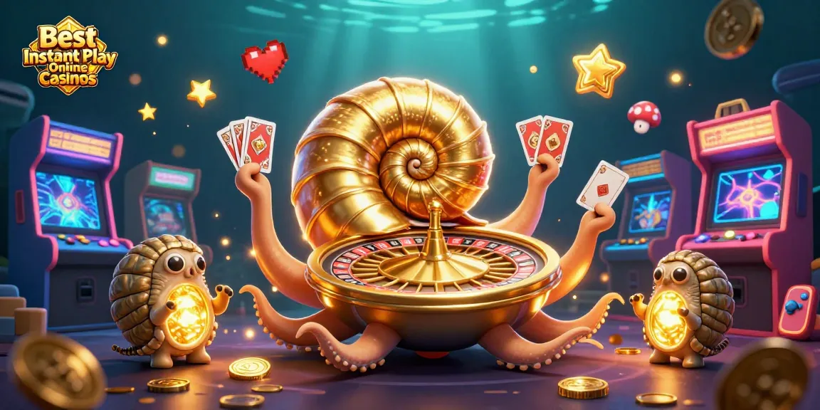 Experience the thrill at Best Instant Play Online Casinos featuring a whimsical 3D nautilus and interactive gaming elements.
