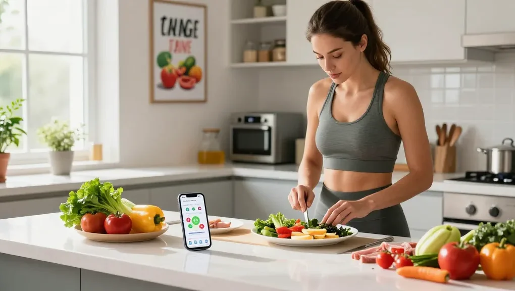 The best calorie tracker displayed on a smartphone surrounded by healthy meal prep ingredients in a bright kitchen.