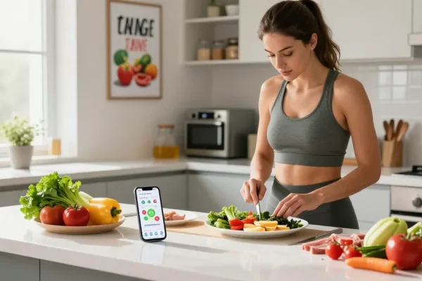 The best calorie tracker displayed on a smartphone surrounded by healthy meal prep ingredients in a bright kitchen.
