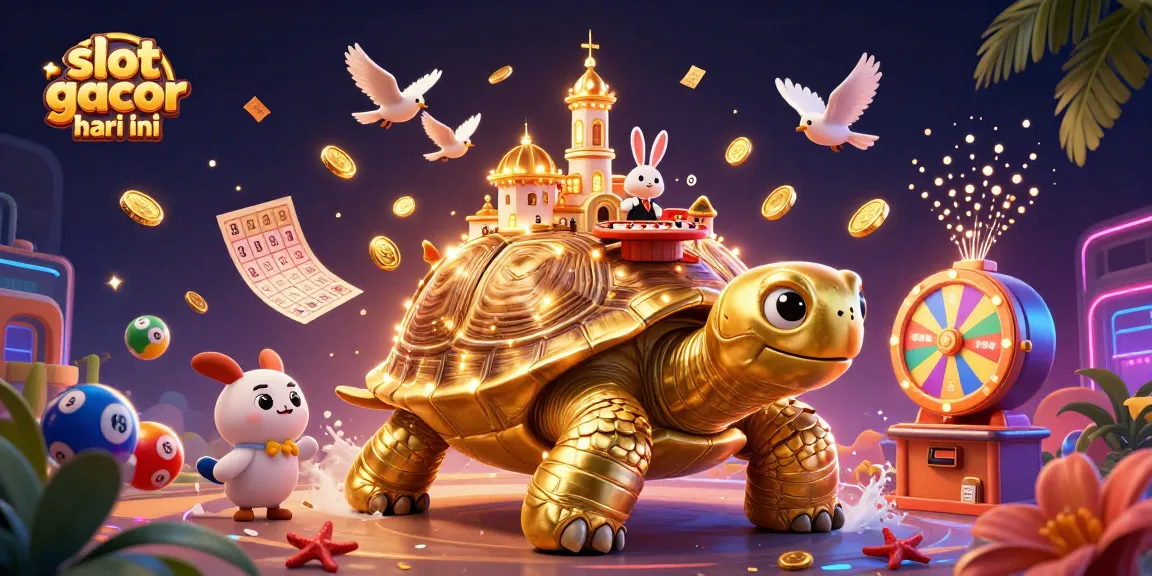 Experience excitement with slot gacor hari ini as a giant golden tortoise hosts a vibrant casino scene.