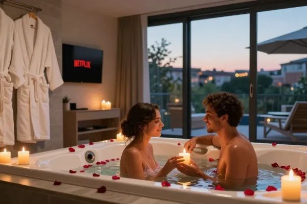 week end romantique toulouse in a cozy love room featuring a jacuzzi spa, perfect for an intimate getaway.