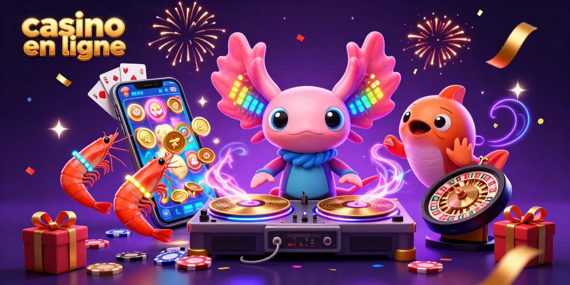 Illustration vibrante de casino en ligne avec un DJ axolotl et des crevettes dansantes, illustrant l'excitation des jeux.
