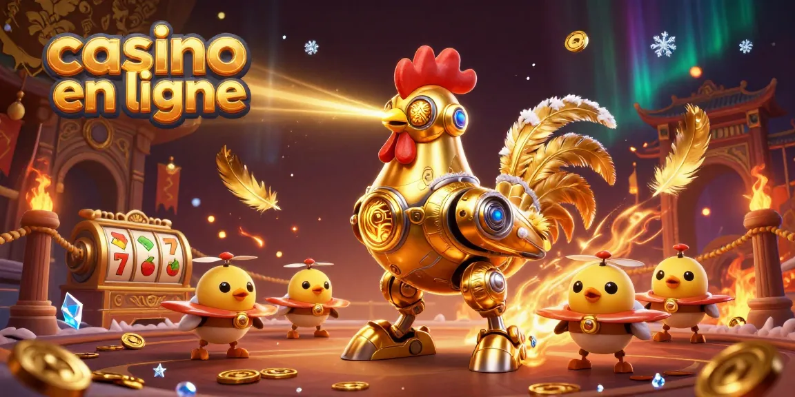 Image dynamique de casino en ligne avec le robot coq doré et des drones, représentant des jeux de machines à sous.