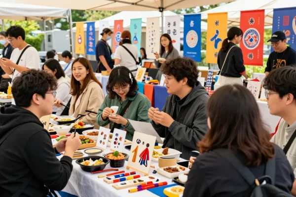 Vibrant community gathering focused on cultural exchange about Asia at https://hanadultalk.com, showcasing food, crafts, and joyful interactions.