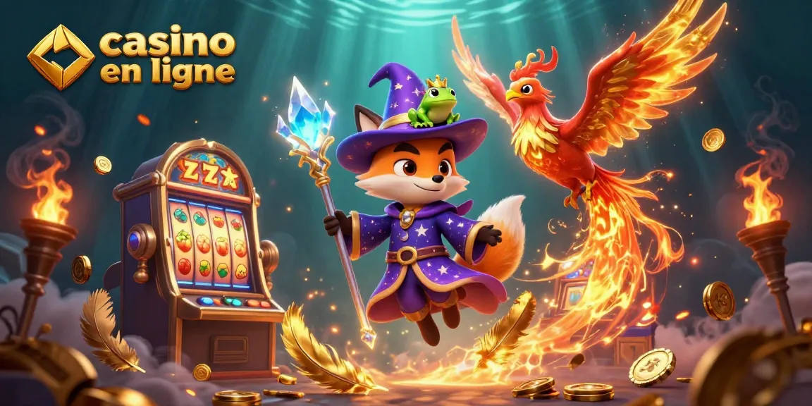 Un casino en ligne animé avec un sorcier, un phénix et une grenouille sur une machine à sous vibrant.