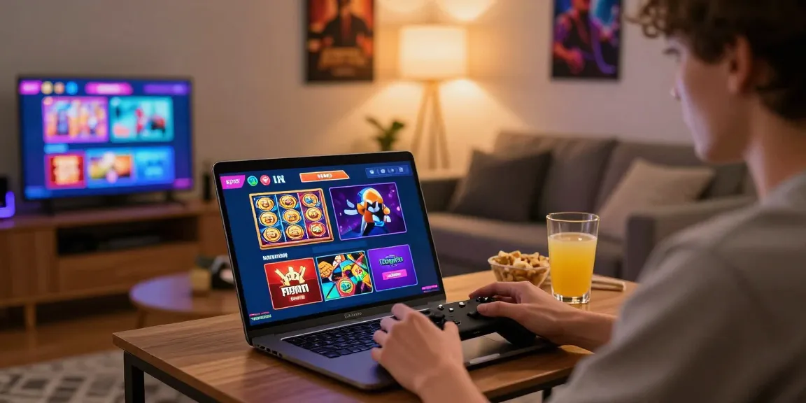 raja328 login: Exciting online gaming experience with a player engaged in various gambling options in a cozy setting.