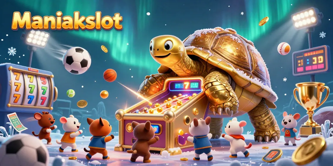Experience the excitement of Maniakslot with a vibrant 3D illustration featuring dynamic sports elements, slot reels, and golden tortoise!