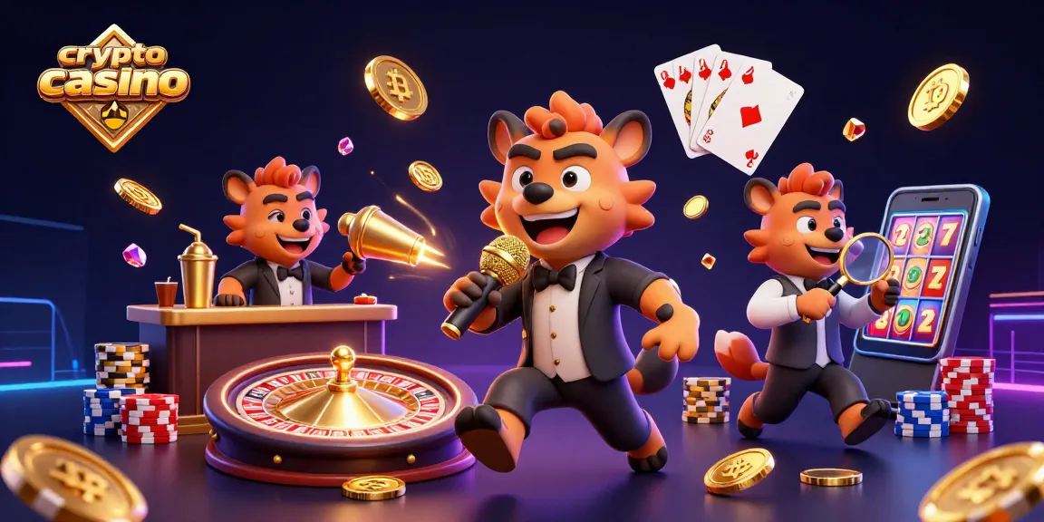 Découvrez le casino crypto avec des hyènes comiques animant une scène pleine d'énergie et de jeux.