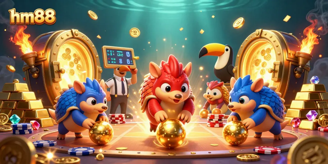 Experience the thrill of hm88 with vibrant pangolins bowling through poker chips in a dazzling treasure scene.