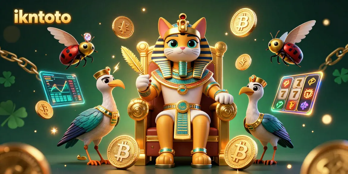 Engage with ikntoto in this vibrant digital casino scene featuring a pharaoh cat and crypto elements.