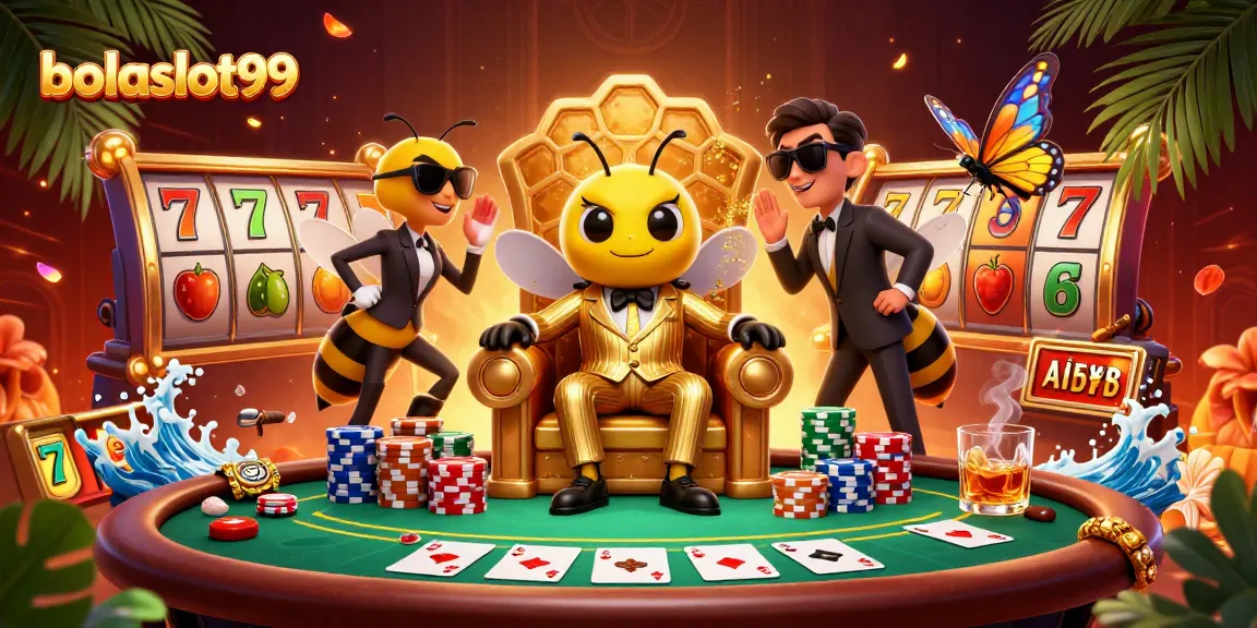 Join the excitement at bolaslot99 with this dynamic casino scene featuring a bumblebee mob boss and slot game elements.