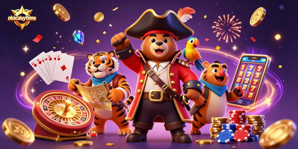 Experience big wins with nhacaiuytinne at the vibrant online casino scene featuring colorful characters and elements.