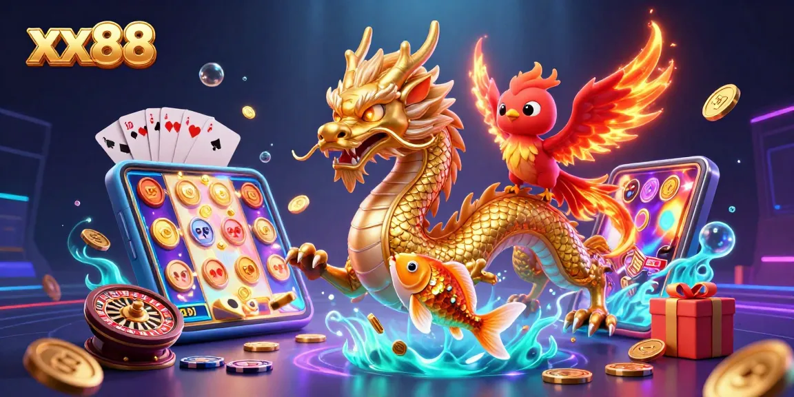 Experience exciting wins with xx88 featuring a vibrant dragon and phoenix illustration amidst casino elements.