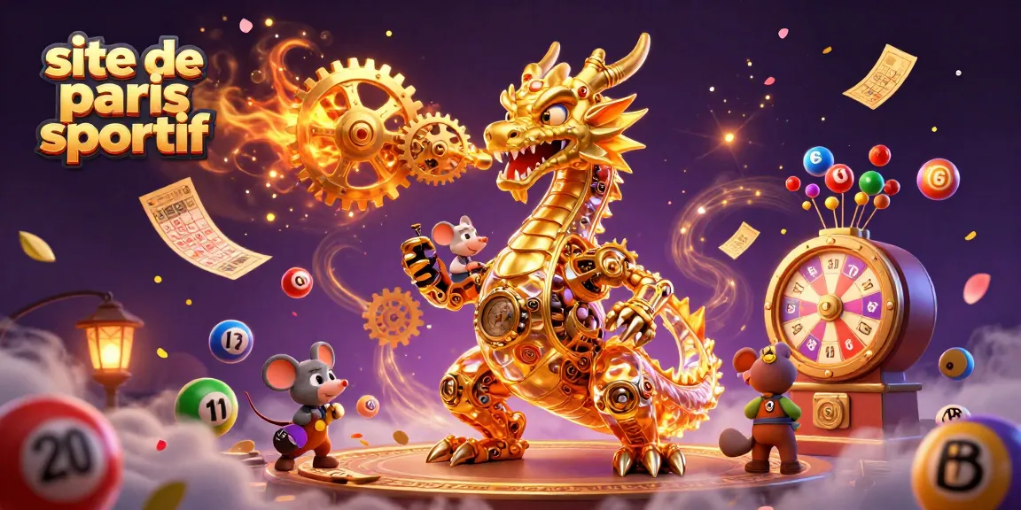 Plongez dans l'univers du site de paris sportif avec un dragon doré et des éléments de loterie vibrants.