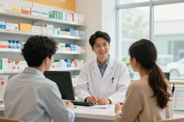buy medicine in canada at a modern pharmacy with pharmacist assisting a customer