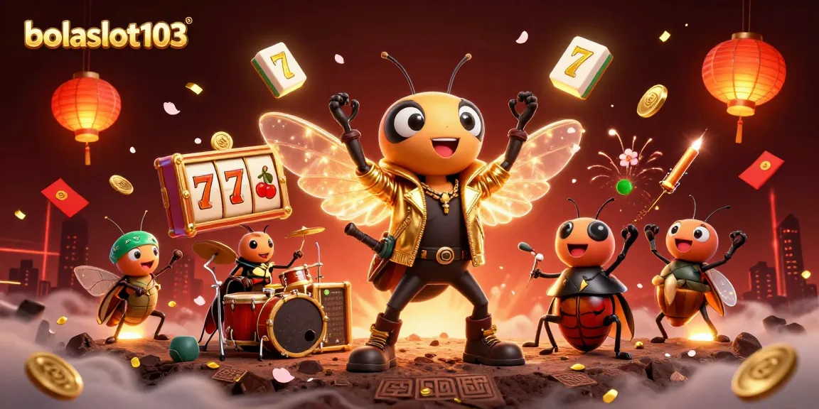 Bolaslot103 featuring a dynamic 3D illustration with a rock star cicada, slot game elements, and vibrant casino atmosphere.