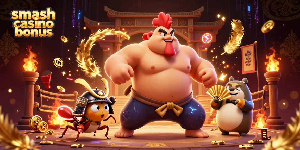 Jouez au bonus Smash Casino avec une illustration 3D captivante d'un puissant sumo affrontant un cricket