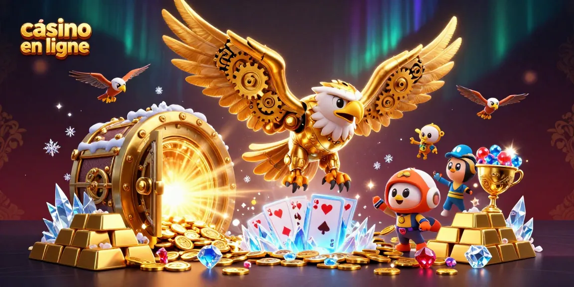Vivez l'excitation des jeux de casino en ligne avec cet aigle cybernétique et des cartes holographiques.
