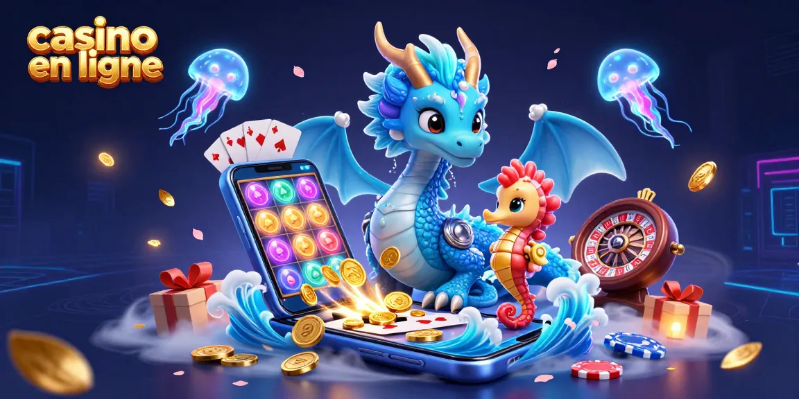 Plongez dans un casino en ligne virtuel avec un dragon océanique, un chevalier hippocampe et des éléments de jeu lumineux.