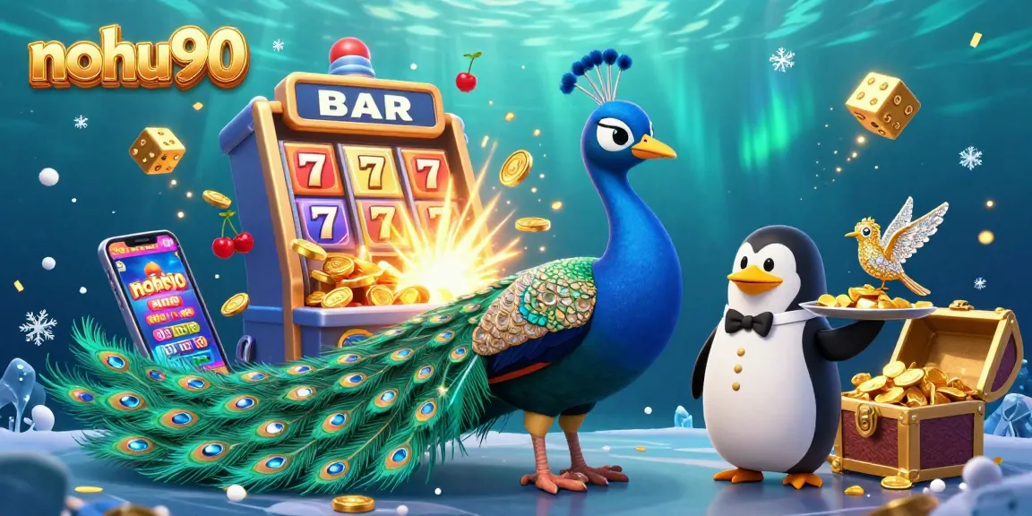Nohu90 thrives with a vibrant casino scene featuring a peacock, penguin, and hummingbird among slot machines.