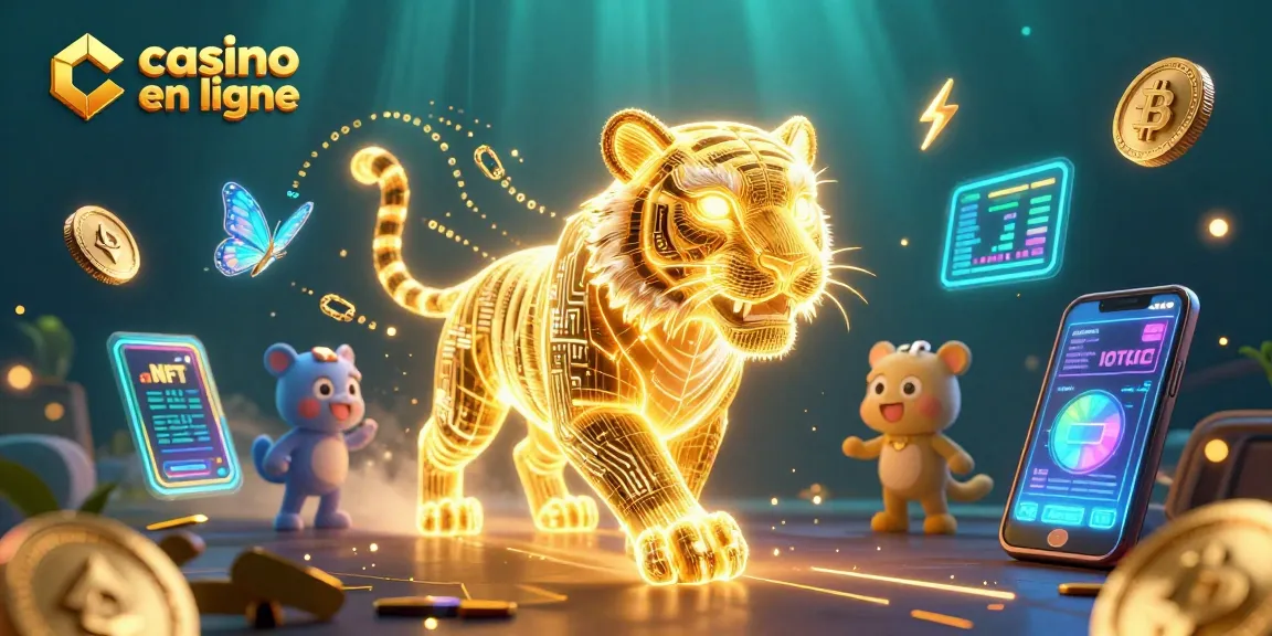 Illustration dynamique illustrant le casino en ligne avec un tigre lumineux et des pièces de crypto-monnaie.