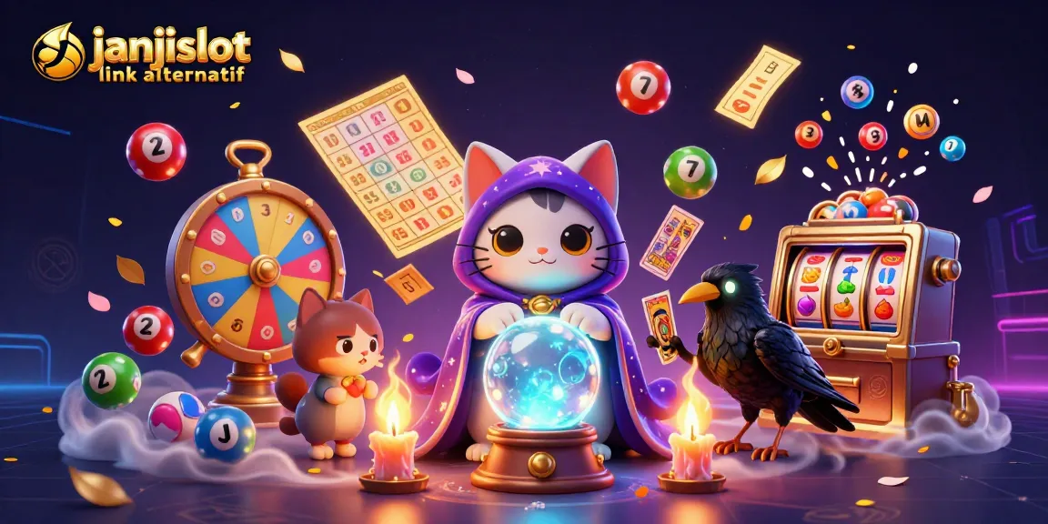 Engage with janjislot link alternatif and explore vibrant slots themed illustration featuring mystic creatures and lottery elements.