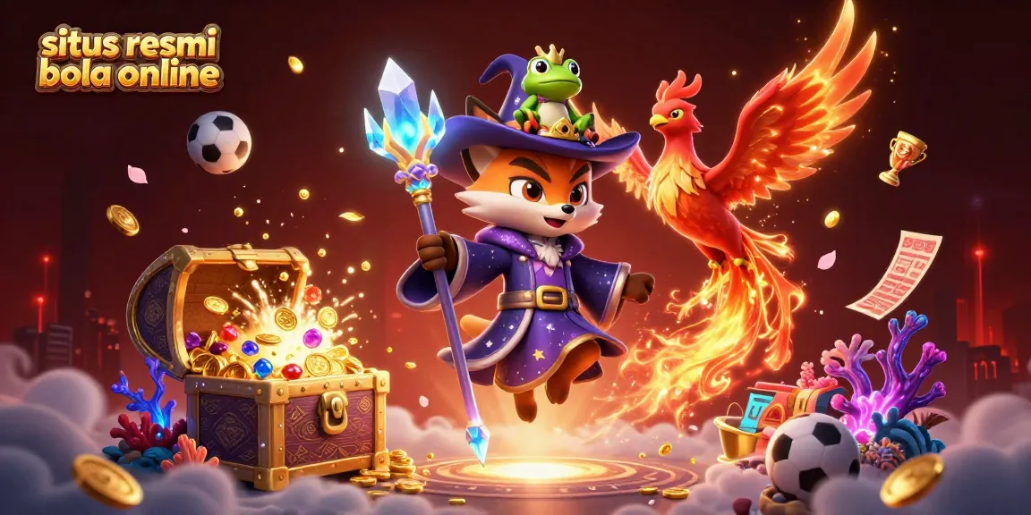 Engage with the vibrant world of situs resmi bola online, featuring a wizard fox amid treasures and trophies.