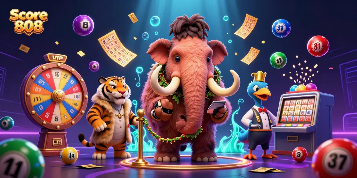 Score 808 enhances gambling experiences with vibrant lottery elements in a bustling casino scene.