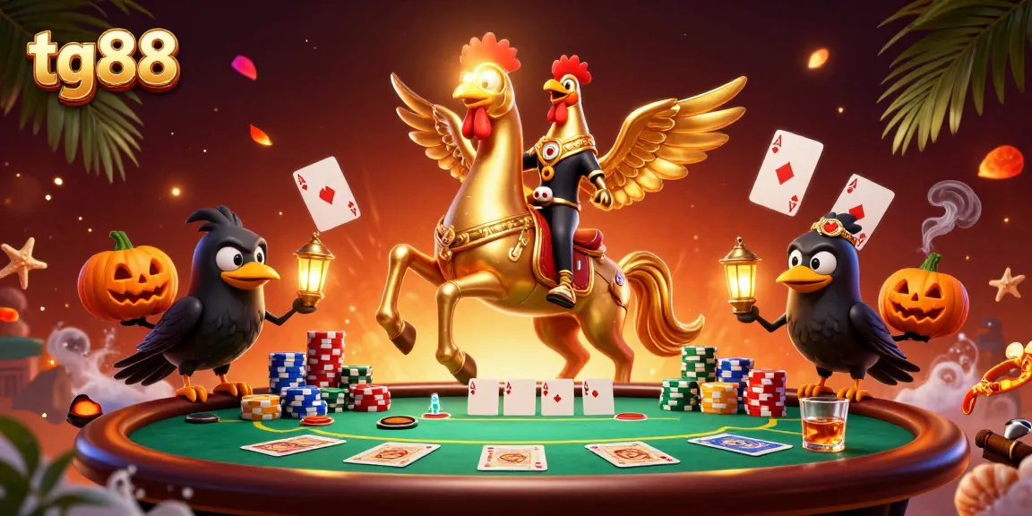 Experience the thrill of tg88 casino with a golden rooster in a vibrant gaming scene.