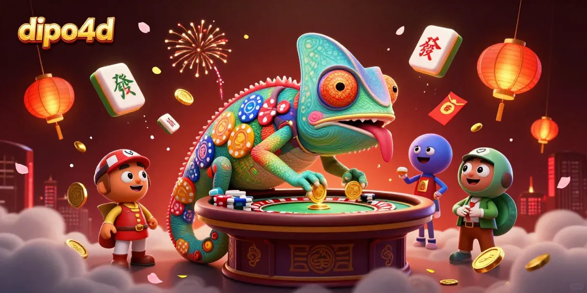 Experience thrilling gaming action with dipo4d, featuring vibrant chameleon characters and dynamic casino motifs.