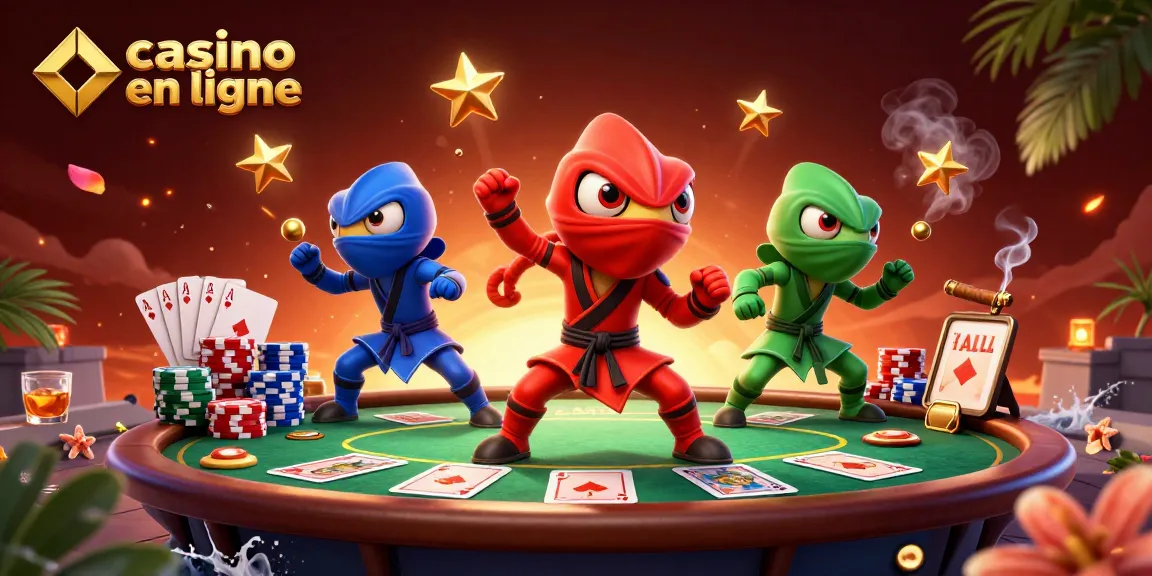 Ces ninjas colorés démontrent leurs compétences dans un casino en ligne dynamique, entourés de jetons et de cartes.