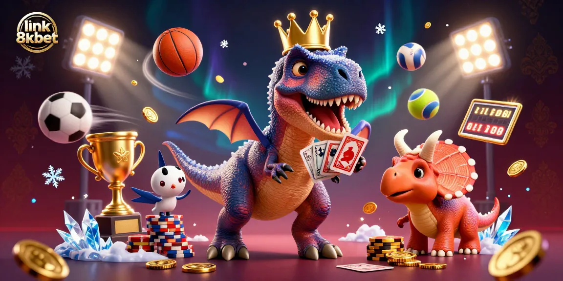 Engage with sports betting excitement at link 8xbet with a cheerful T-Rex shuffling cards.